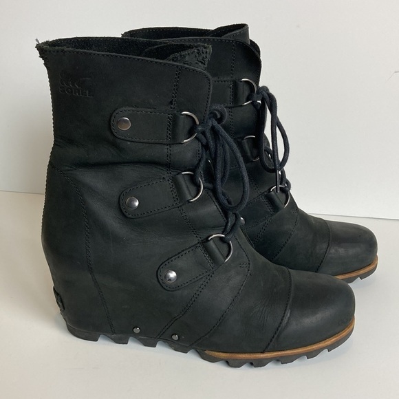 SOREL Joan Of Arctic Leather Wedge Mid Ankle Boots Black Gorp NL2173-001 9.5 - Picture 8 of 16
